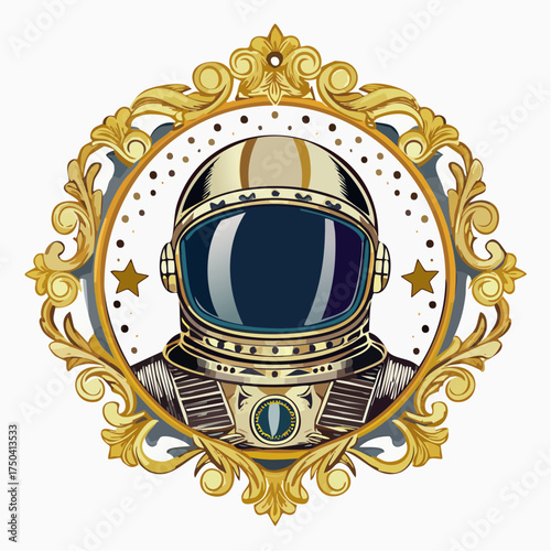 Futuristic space explorer portrait framed in a classic, ornamental gold border against a celestial backdrop