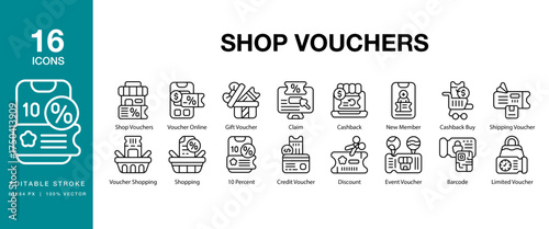 Shop Vouchers icon set. Includes shop, discount, voucher, sale, coupon, card and More. Editable Stroke Icon Collection.