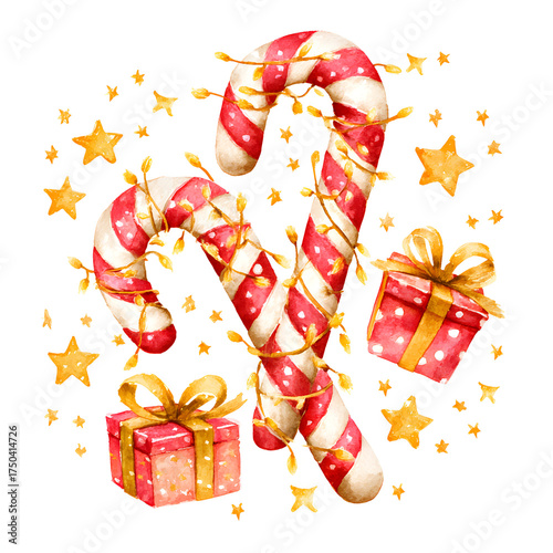 Playful Watercolor Clipart of a Giant Candy Cane and Stars