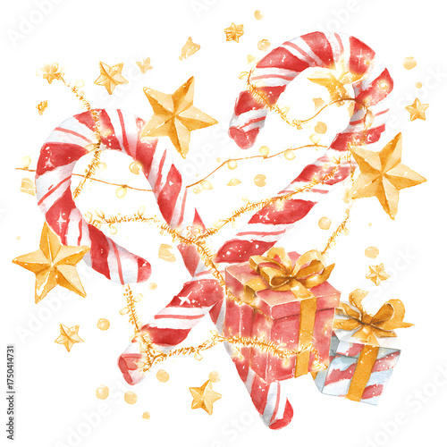 Playful Watercolor Clipart of Giant Candy Cane with Gifts