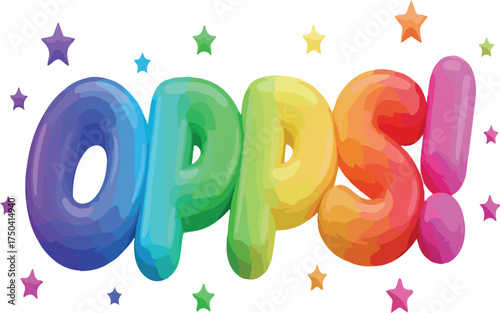Bubbly rainbow text reading "Oops!" graphic isolated on white background with colorful stars.