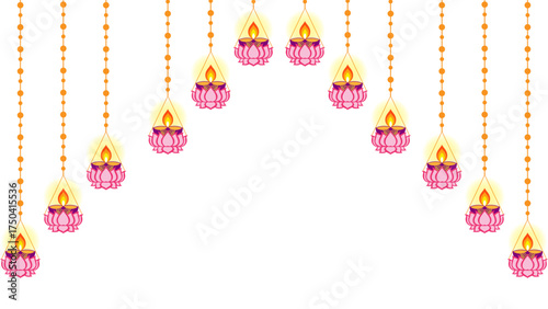 Diwali glowing lotus Diya hangings vector illustration for Diwali decoration isolated on white