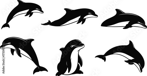 MobileDolphin silhouette vector set, marine animal clipart, ocean wildlife icons, jumping dolphin design, black illustration, swimming pose, nature art