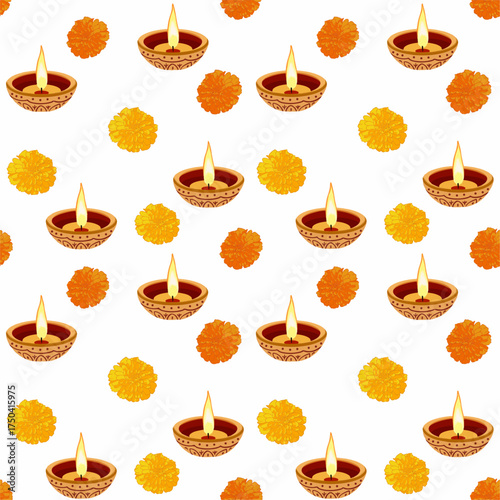 Beautiful seamless pattern featuring Diya and marigold flowers. Perfect for festive packaging, greeting cards, wrapping