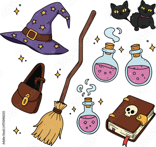 A whimsical illustration featuring a witch's hat, broom, potions, book, bag, and black cats.