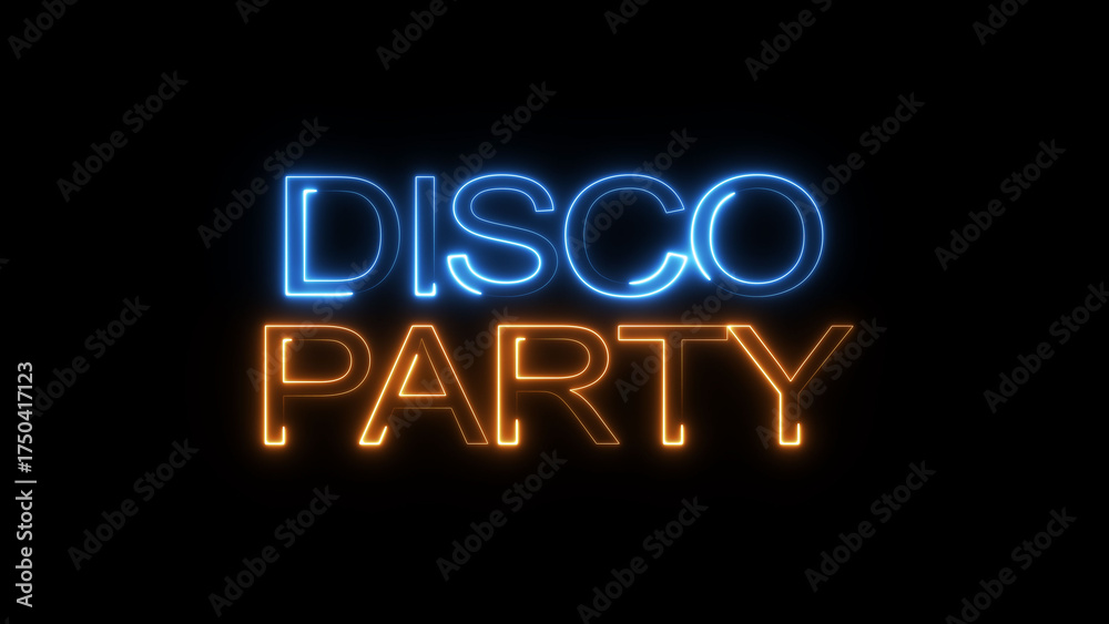 Fototapeta premium Glowing neon disco party text icon illustration, black background 4k illustration. 