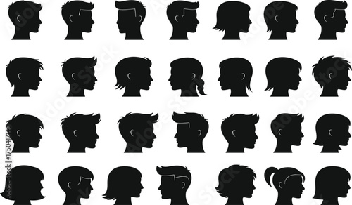 MobileHuman head silhouette, diverse hairstyle profile, male and female side view, black vector icon, hairstyle collection, avatar design, character reference