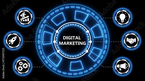 Animated digital marketing infographic with glowing icons and circular design on black