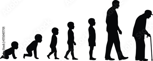 MobileHuman life stages silhouette, baby to elderly, aging progression, side profile, development timeline, educational concept, anatomy, evolution, vector illustration