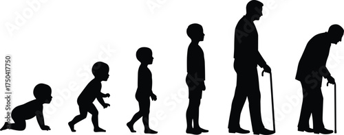 MobileHuman life cycle silhouette, baby, toddler, child, teenager, adult, elderly, aging process, growth stages, evolution, vector illustration, timeline