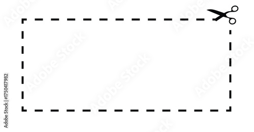 Horizontal dashed rectangle with scissors icon in corner, isolated cut-out coupon template for printable voucher or discount design
