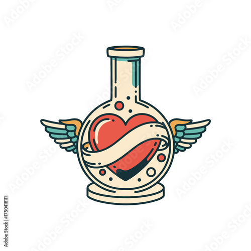 Heart in a bottle with wings, love potion concept illustration.