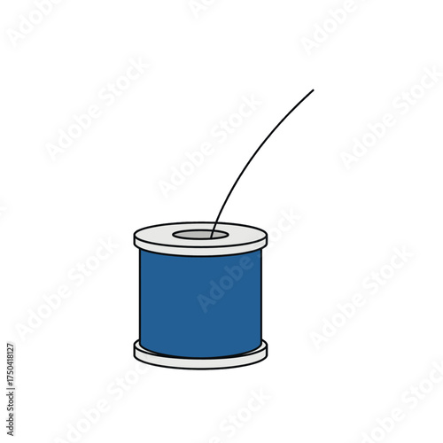 Blue spool of thread with a single black thread extending upwards.