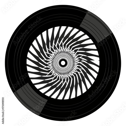 Black vinyl record with a hypnotic spiral design on white background.