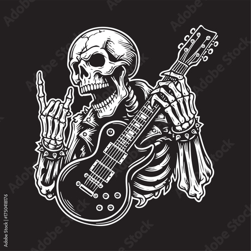 Skeleton Guitarist Making Rock Hand Sign – Monochrome Vector