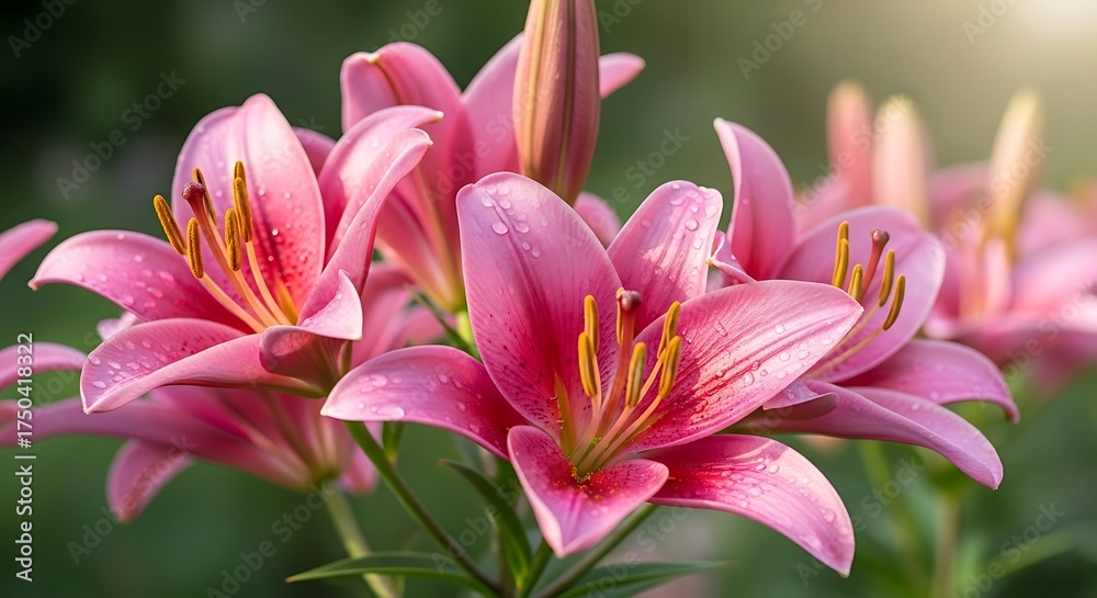 Fototapeta premium Pink Lily Blooms in Garden Sunlight - A Floral Close-Up.