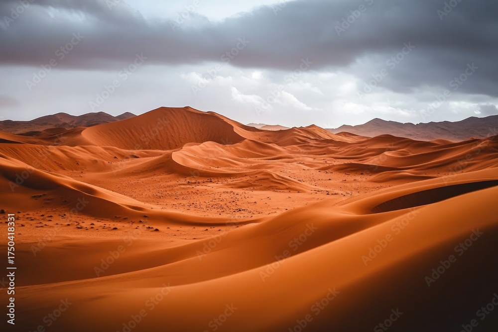 Naklejka premium Vast ochre dunes under a dramatic sky