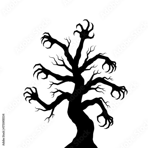 Spooky tree silhouette with claw hands reaching out.