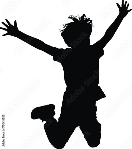Excited black silhouette joyful little child jumping high cheerful transparent