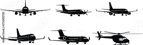 Aircraft and helicopter silhouette set, front and side view icons, jet, propeller plane, black vector graphic, aviation design collection