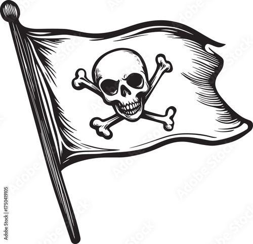 A pirate flag with a skull and crossbones on it, waving in the wind.