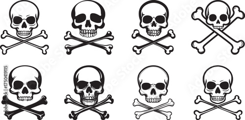 Set of eight black and white skull and crossbones illustrations.