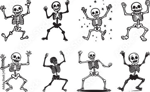 A set of eight black and white illustrations of dancing skeletons.