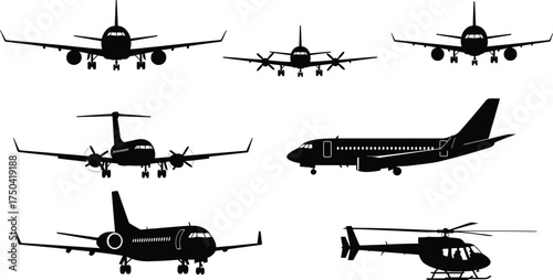 Mixed aircraft silhouette set, front and side view icons, jet, propeller plane, helicopter vector, black aviation graphic collection