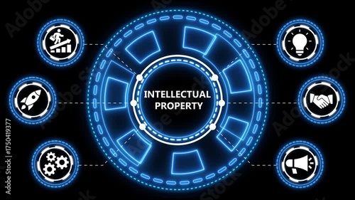 Intellectual property and business development concept illustrated with futuristic neon elements