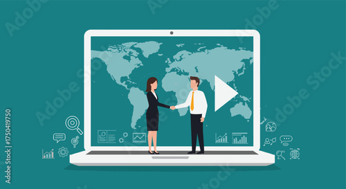 Business people handshake on laptop screen, online partnership, global connection, digital communication, teamwork collaboration concept illustration