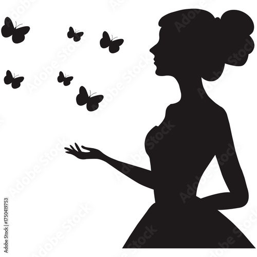 Woman silhouette with butterflies isolated on white background. Vector illustration of female beauty, freedom, nature, fashion and spring design concept
