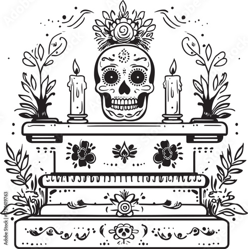 A detailed illustration of a sugar skull with candles and floral decorations, set vector illustration