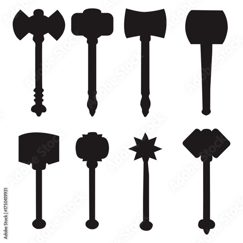 Medieval weapon silhouette set isolated on white background. Collection of axe, hammer, mace and war tools. Ancient battle weapon icons, vector illustration for history