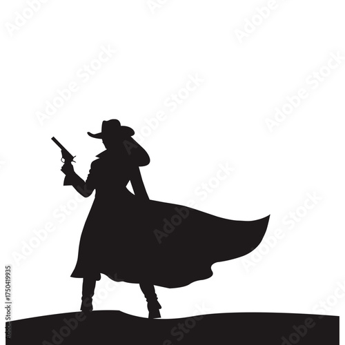 Cowgirl silhouette with revolver standing on hill. Western female gunslinger in hat and cloak. Wild west woman outlaw illustration, vintage cowboy style concept, vector design