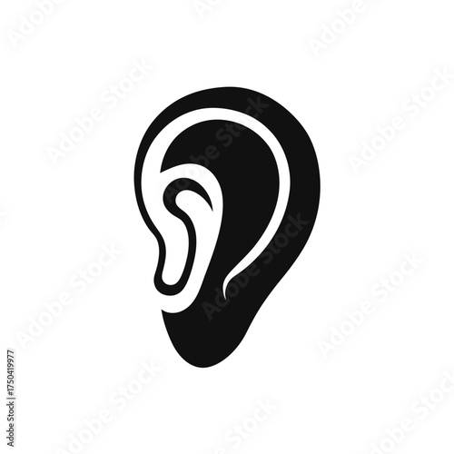 Illustration of a human ear in black color on transparent background silhouette