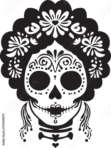 A black and white illustration of a woman with a floral headdress and intricate sugar skull makeup, set vector illustration