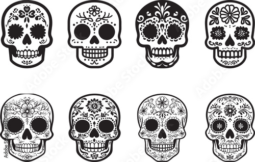 A set of eight black and white sugar skulls with intricate floral designs, arranged in a 2x4 grid on a white background.