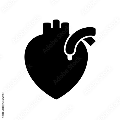 Anatomical heart with vessels in black fill on transparent background silhouette