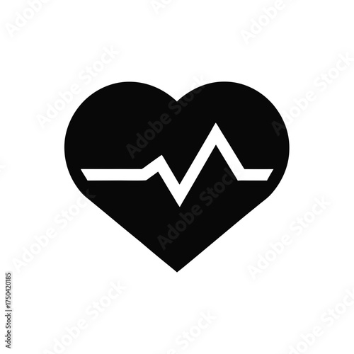 Black heart shape with ekg line illustration on transparent background silhouette