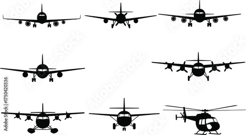 Aircraft silhouette collection, front view airplane icons, commercial jet, propeller plane, helicopter, aviation vector set, black isolated graphic