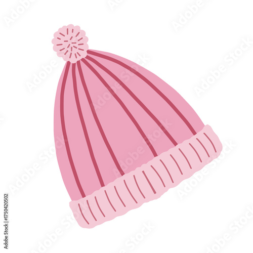 Cute pink knitted winter hat with pom-pom vector illustration. Hand drawn cartoon style beanie hat. Pastel pink wool cap for snow and christmas season