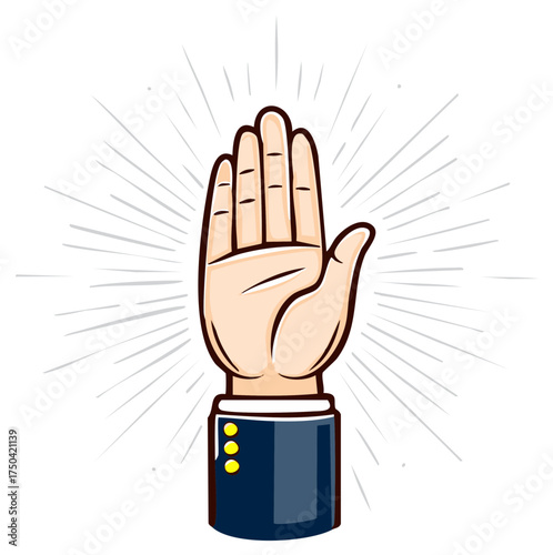 Upward hand gesture with radiating lines, showing a stop or halt in a business suit sleeve.
