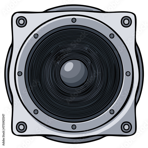 Close up of a gray square speaker with a black cone and visible screws