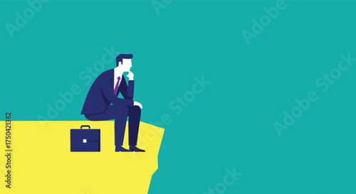 Businessman sitting on cliff thinking, career decision, risk management, future planning, business challenge, opportunity concept illustration