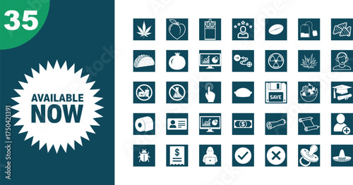 A collection of small, dark teal icons representing various concepts including technology, education, and health, with a prominent Available Now badge.