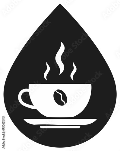 Stylized graphic of a steaming coffee cup with a coffee bean emblem on a saucer within a dark drop shape