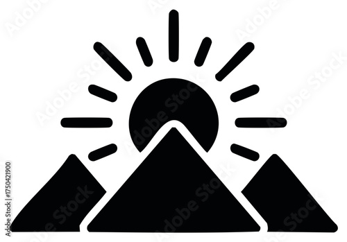 Stylized Mountains Peaks Silhouette with Rising Sun Vector Minimalist Design