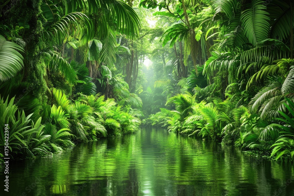Obraz premium Lush jungle waterway. Sunlight filters through dense foliage