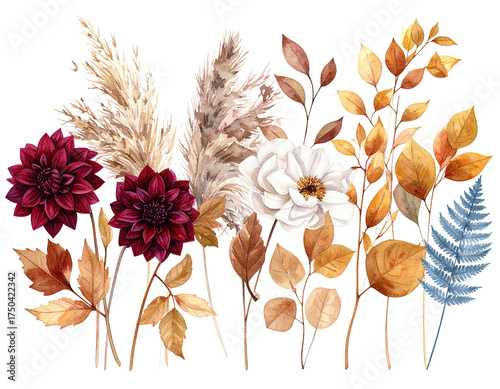 Watercolor illustration of autumn floral arrangement with rich colors and textures