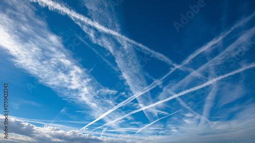 
Airplane contrails crisscrossing blue sky 